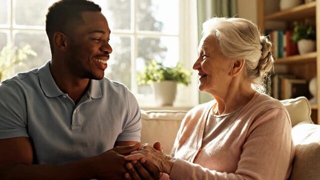 Elderly woman and caregiver sharing a warm moment during transportation.