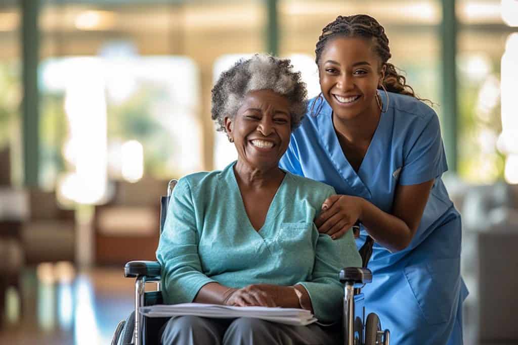 Elderly woman in wheelchair with caregiver smiling in a healthcare facility.